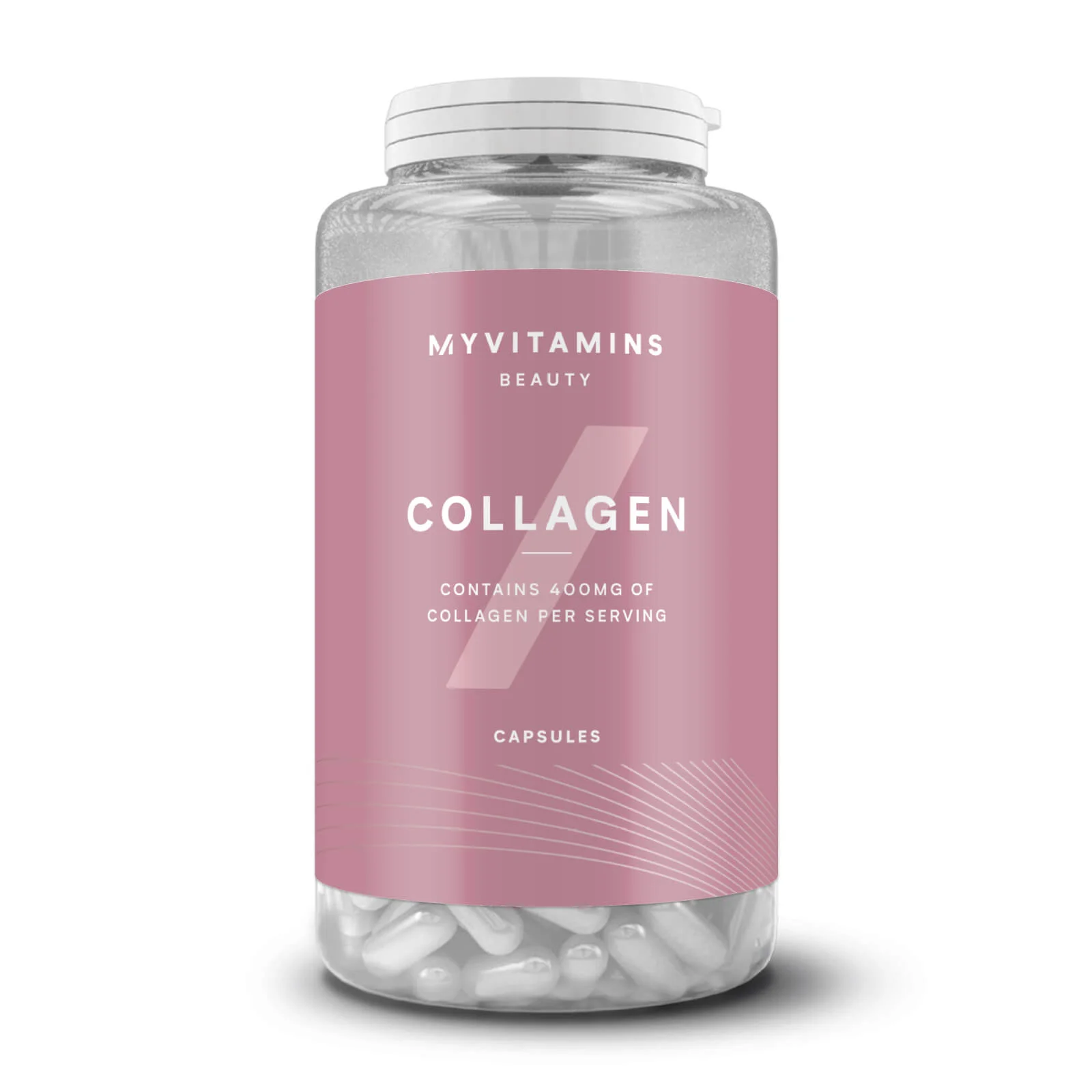 Transparante pot met witte capsules en een roze etiket met de tekst "Collagen" erop.
