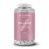Transparante pot met witte capsules en een roze etiket met de tekst "Collagen" erop.