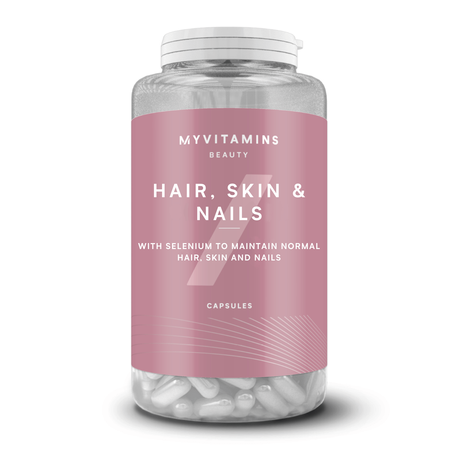 Transparante pot met witte capsules en een roze etiket met de tekst "Haar, huid & Nagels.