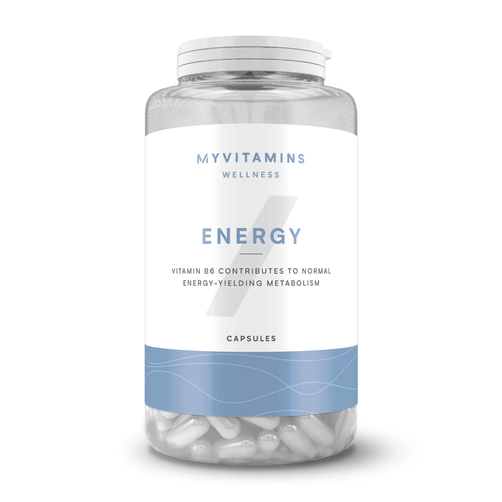 Een doorzichtige plastic pot met witte capsules en een wit etiket met blauwe accenten.