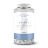 Een doorzichtige plastic pot met witte capsules en een wit etiket met blauwe accenten.