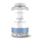 Een doorzichtige plastic pot met witte capsules en een wit etiket met blauwe accenten.