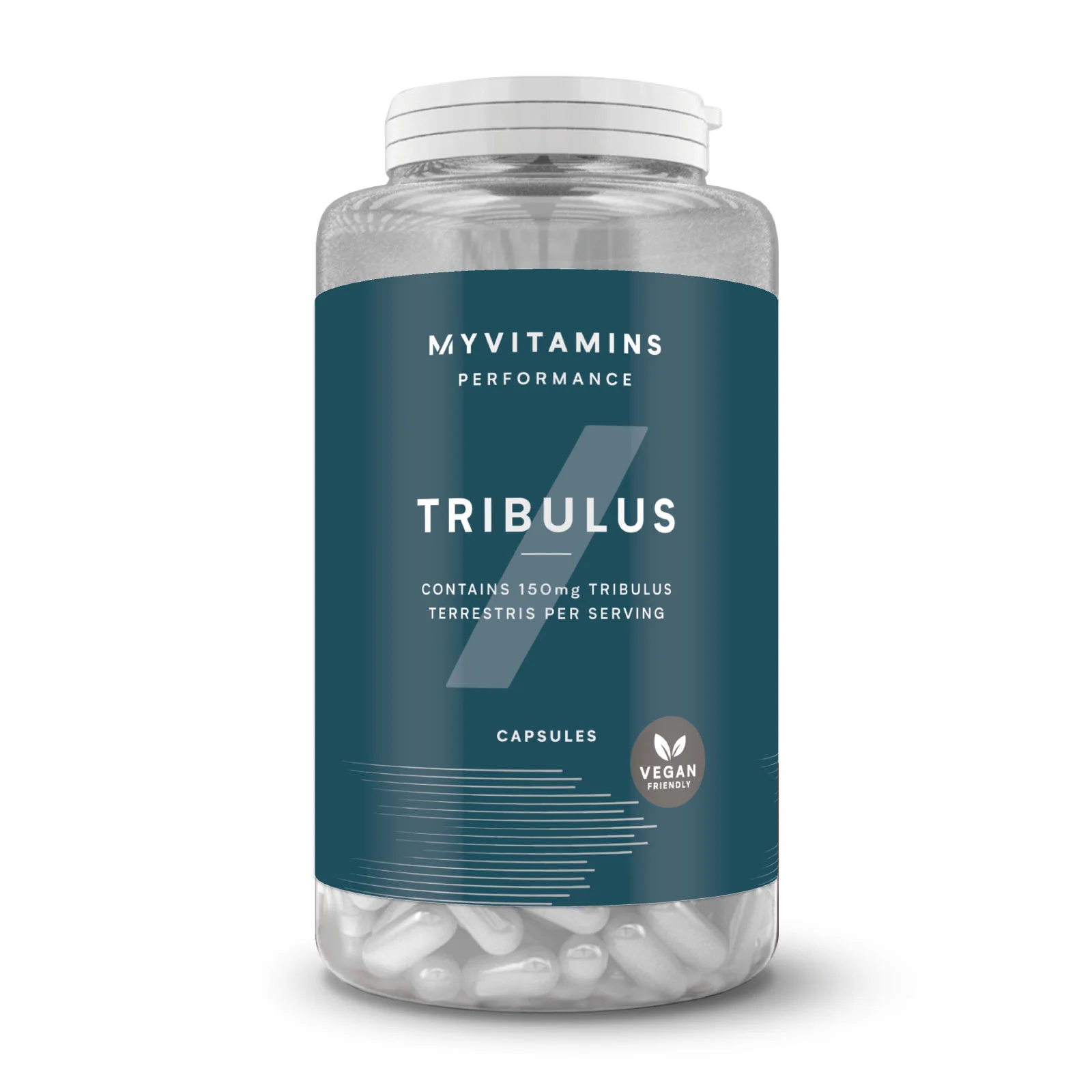 Een doorzichtige pot met witte capsules en een blauw etiket met de tekst 'Tribulus.