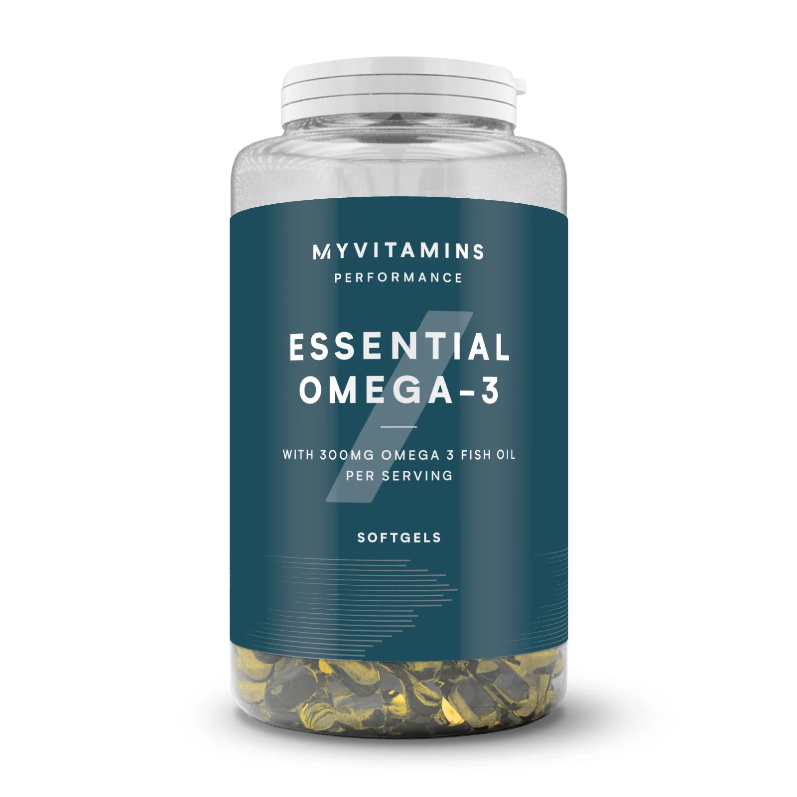 Een doorzichtige pot met een witte deksel, gevuld met goudkleurige softgels.