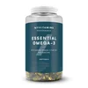Een doorzichtige pot met een witte deksel, gevuld met goudkleurige softgels.