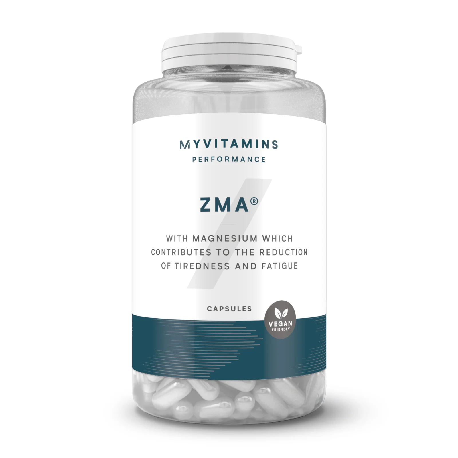 Transparante pot met witte capsules en een wit etiket met blauwe accenten.
