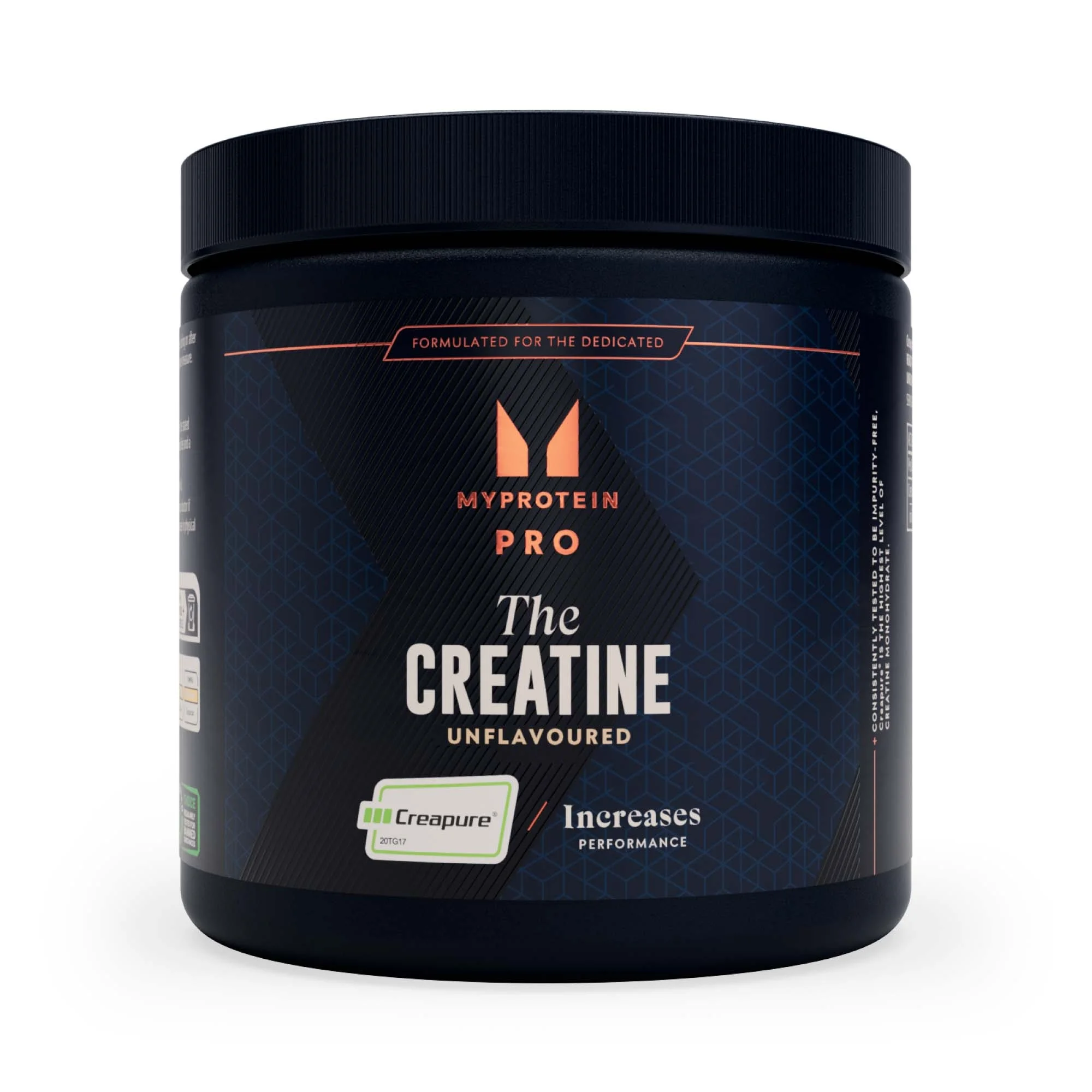 Zwarte pot met etiket met de tekst "Myprotein Creapure Creatine.