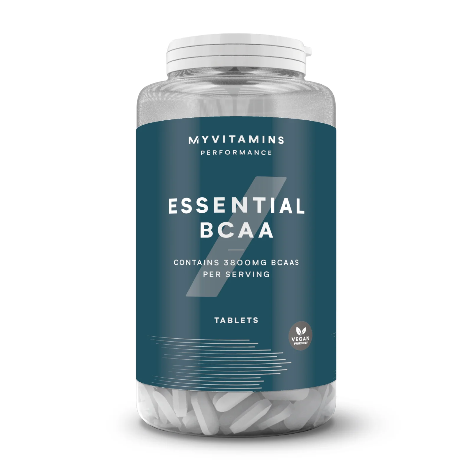 Doorzichtige pot met witte BCAA tabletten en een donkerblauw etiket met witte tekst.