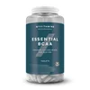 Doorzichtige pot met witte BCAA tabletten en een donkerblauw etiket met witte tekst.