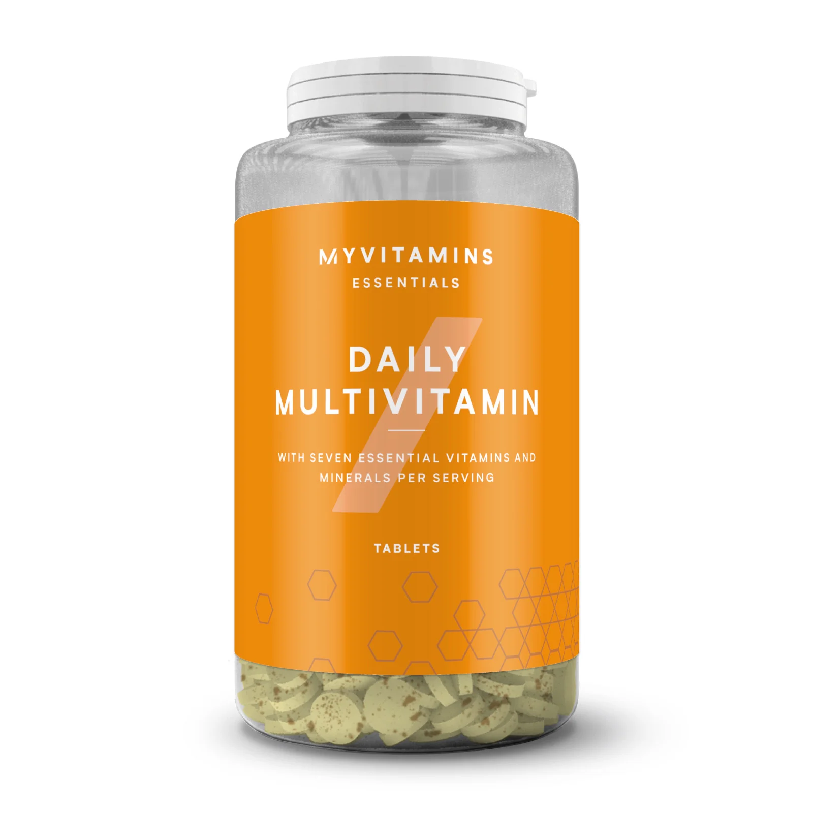 Een doorzichtige pot met een oranje etiket, gevuld met kleine, ronde tabletten.