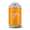 Een doorzichtige pot met een oranje etiket, gevuld met kleine, ronde tabletten.