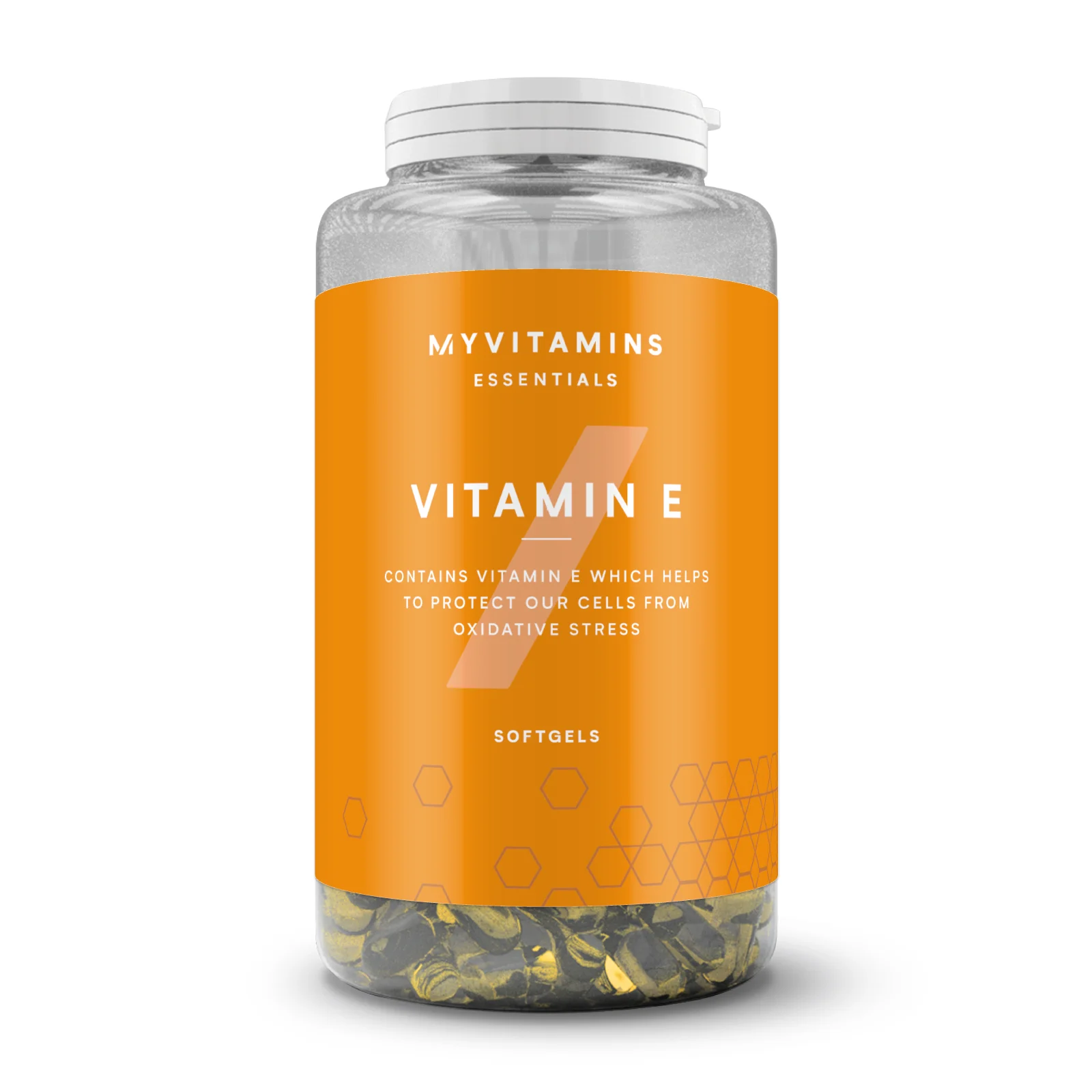 Transparante pot met oranje etiket, gevuld met kleine, donkere softgels en een witte deksel.