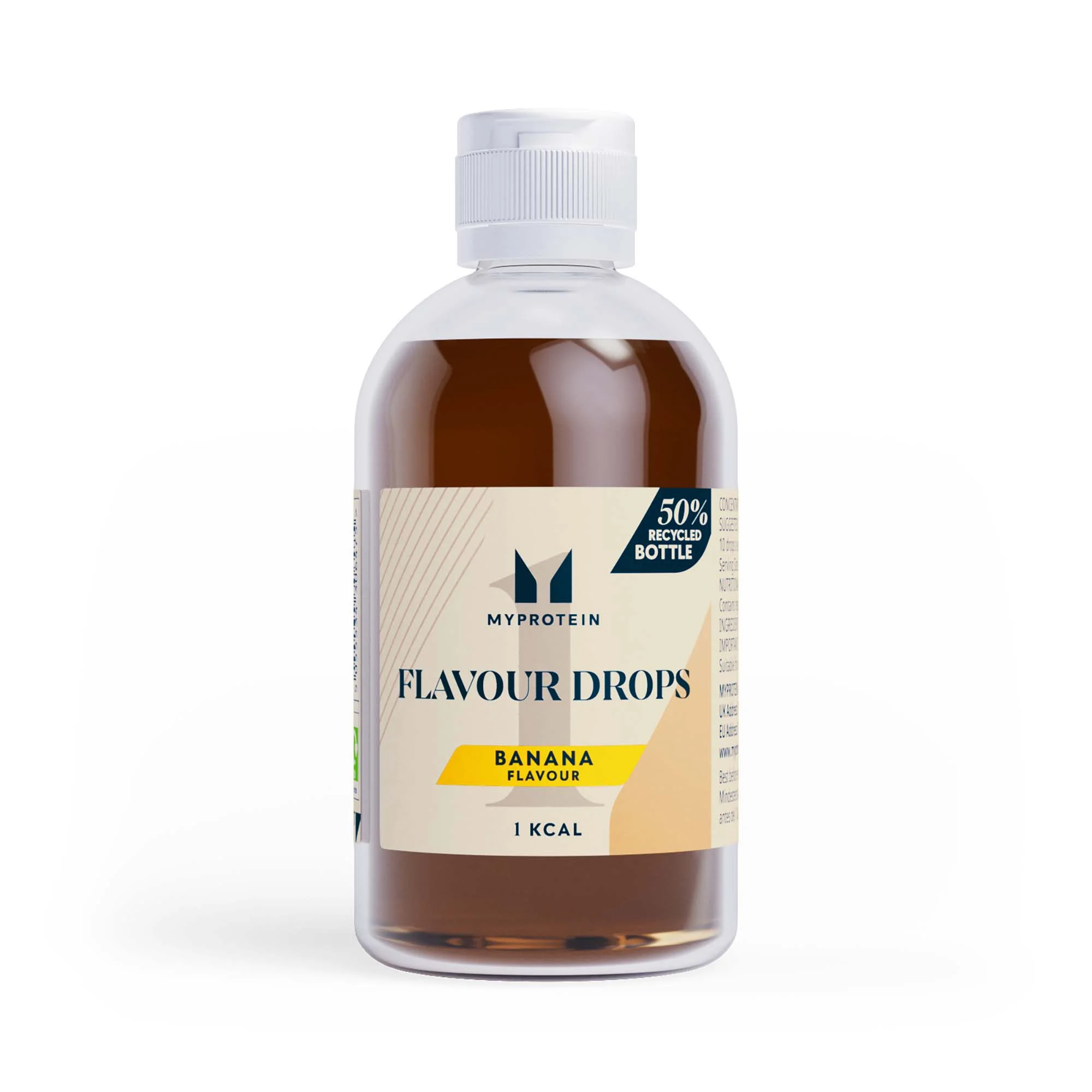 Een doorzichtige plastic fles met een witte dop, gevuld met bruine vloeistof en een etiket.