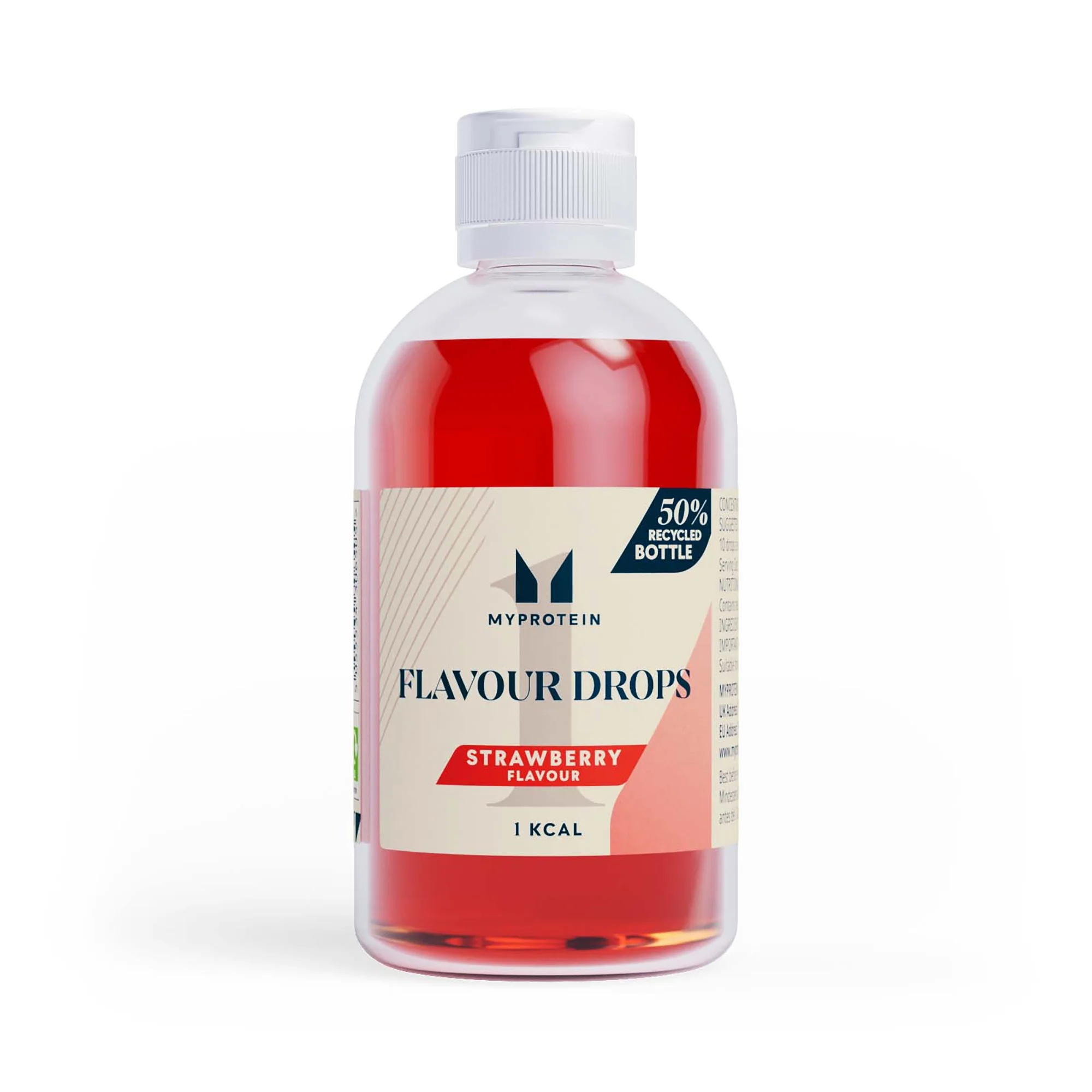 Doorzichtige plastic fles met witte dop, gevuld met rode vloeistof en een etiket.