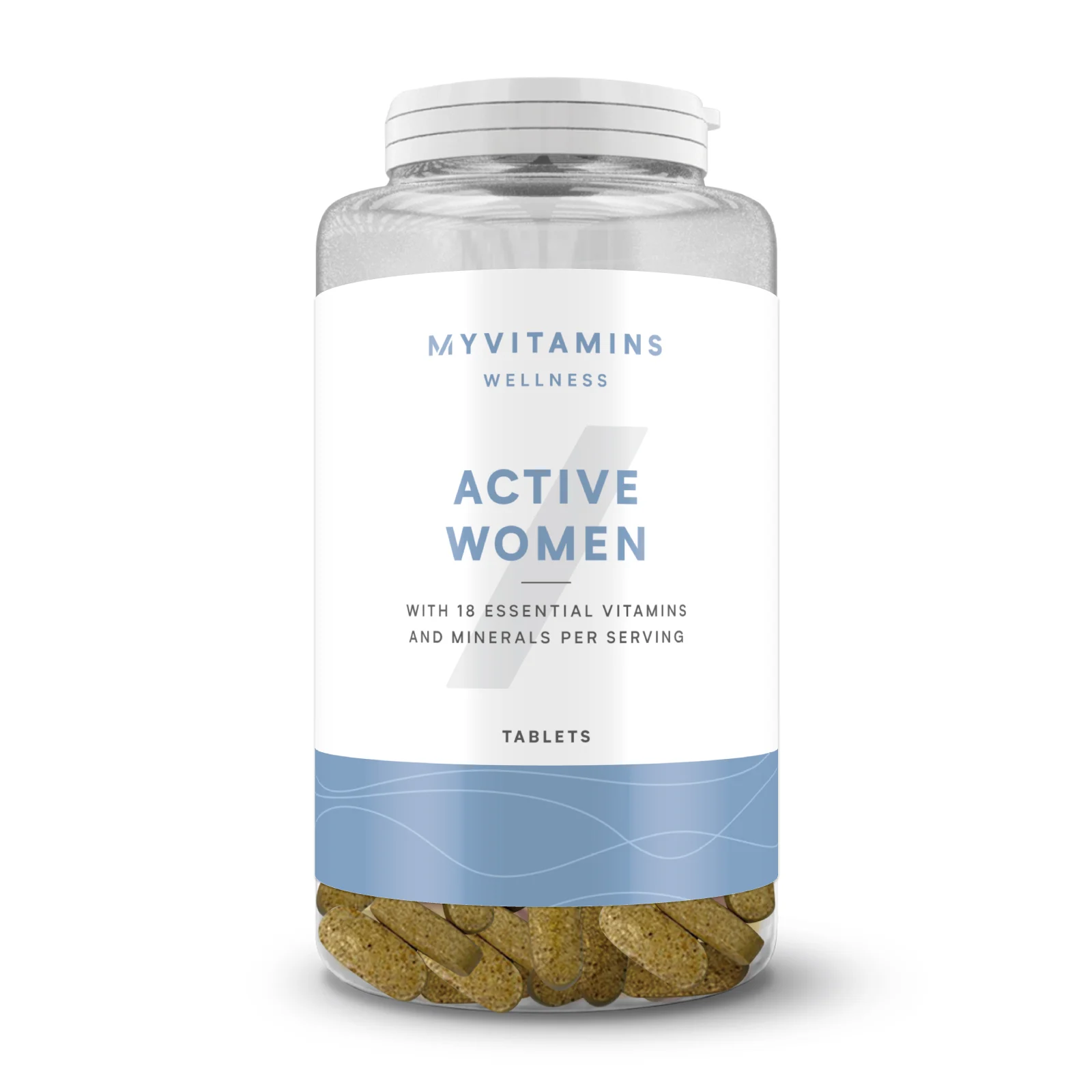 Transparante pot met witte deksel, gevuld met bruine tabletten.