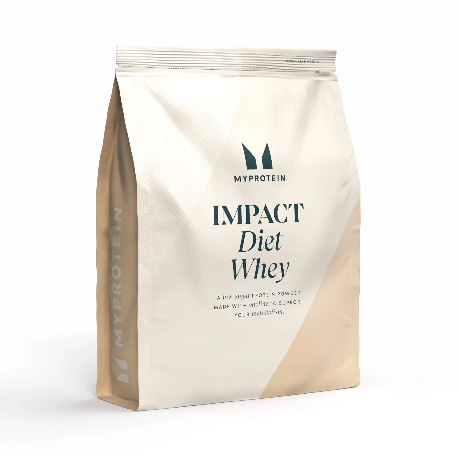 Een beige en witte zak met de tekst "Impact Diet Whey" van het merk Myprotein.