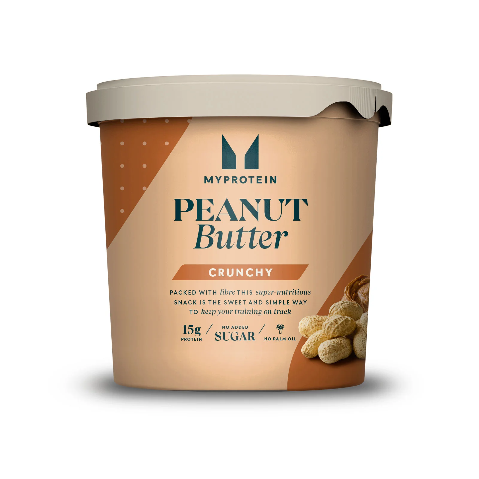 Een beige plastic kuipje pindakaas met een lichtgrijze deksel, met de tekst "Peanut Butter.