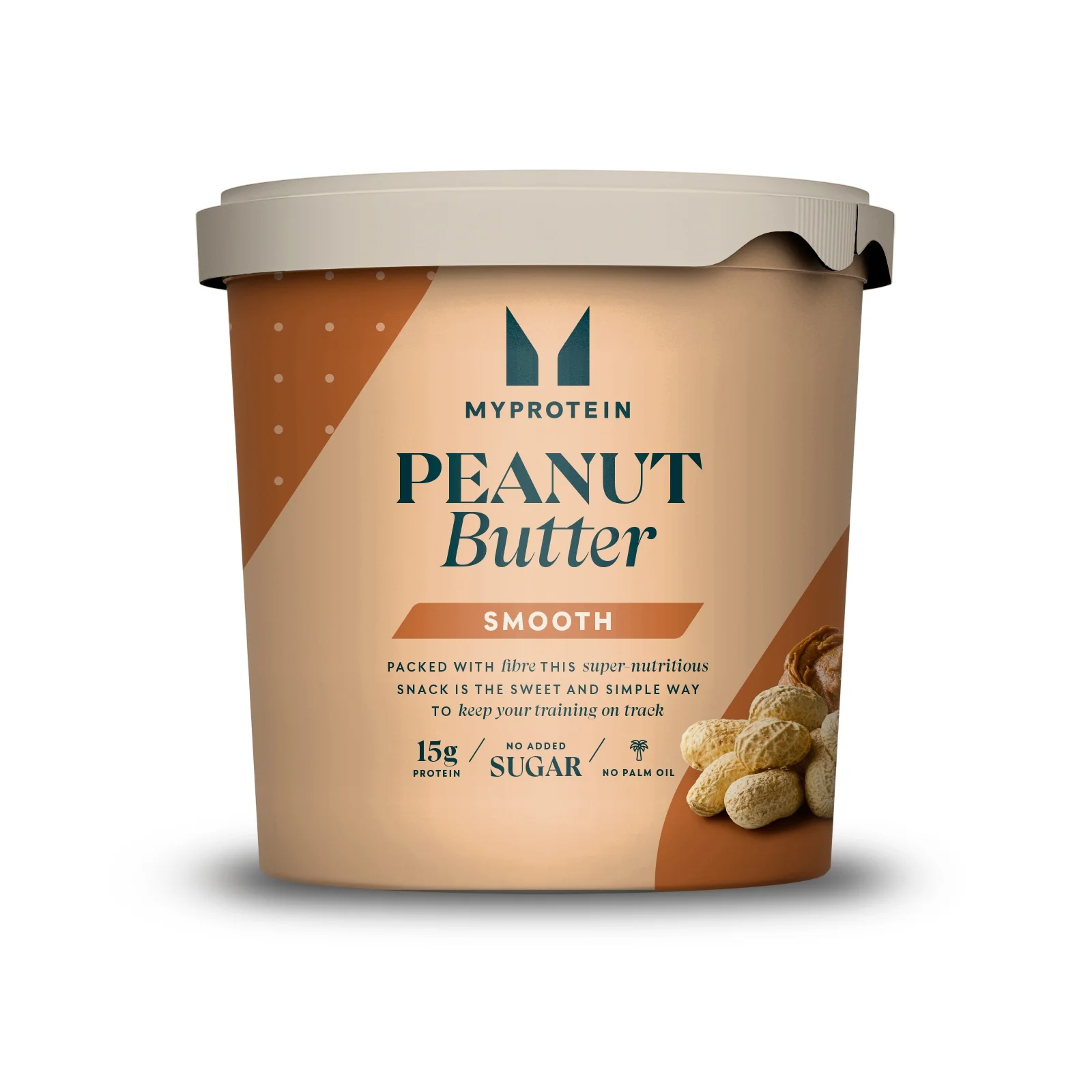 Een pot pindakaas van Myprotein, met een beige deksel en bruine accenten.