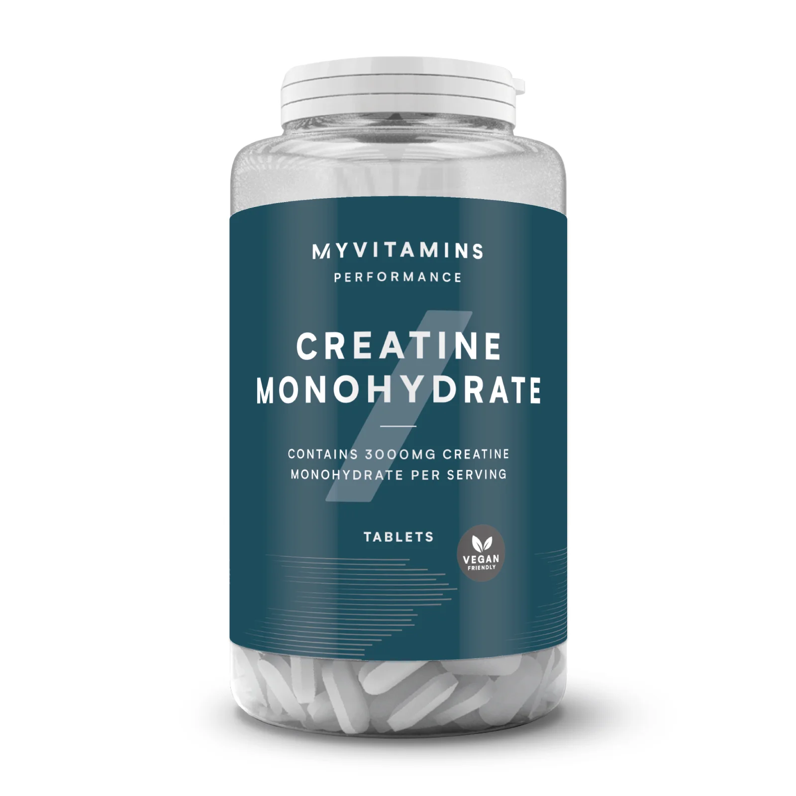 Een doorzichtige pot met witte tabletten, een wit deksel en een donkerblauw etiket.