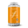 Doorzichtige pot met oranje etiket, gevuld met witte tabletten en een witte deksel.