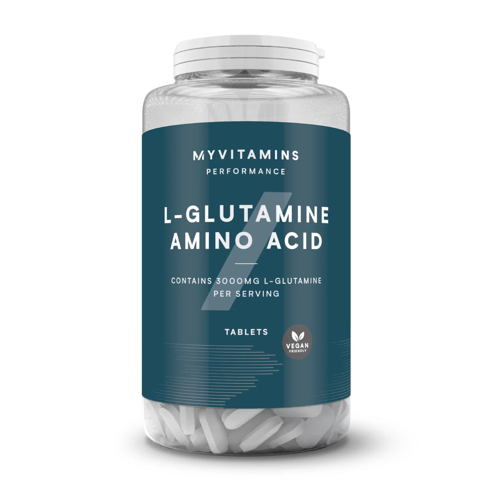 Een doorzichtige pot met witte tabletten, een wit deksel en een blauw etiket met witte tekst.