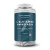 Een doorzichtige pot met witte tabletten, een wit deksel en een blauw etiket met witte tekst.