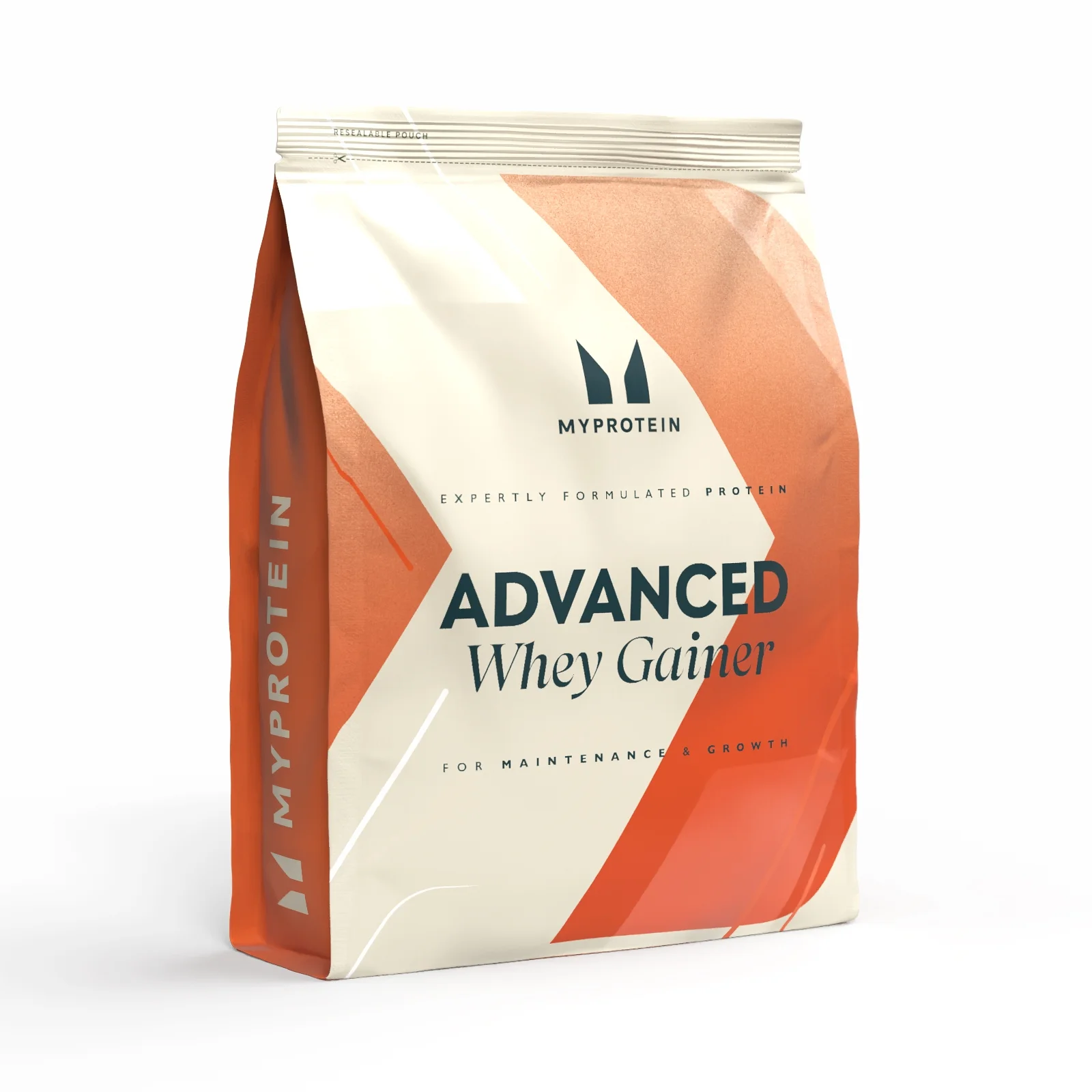 Een witte zak met oranje accenten, met de tekst "Advanced Whey Gainer" en het Myprotein logo.