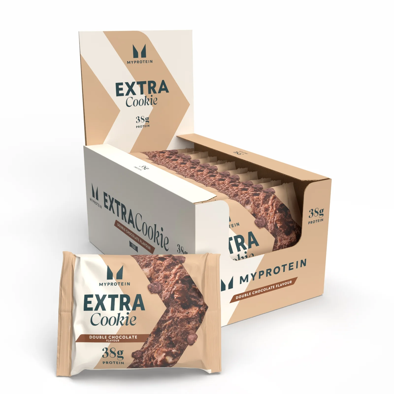 Een doos met twaalf individueel verpakte Myprotein Double Chocolate proteïnekoeken, met één koek los voor de doos.
