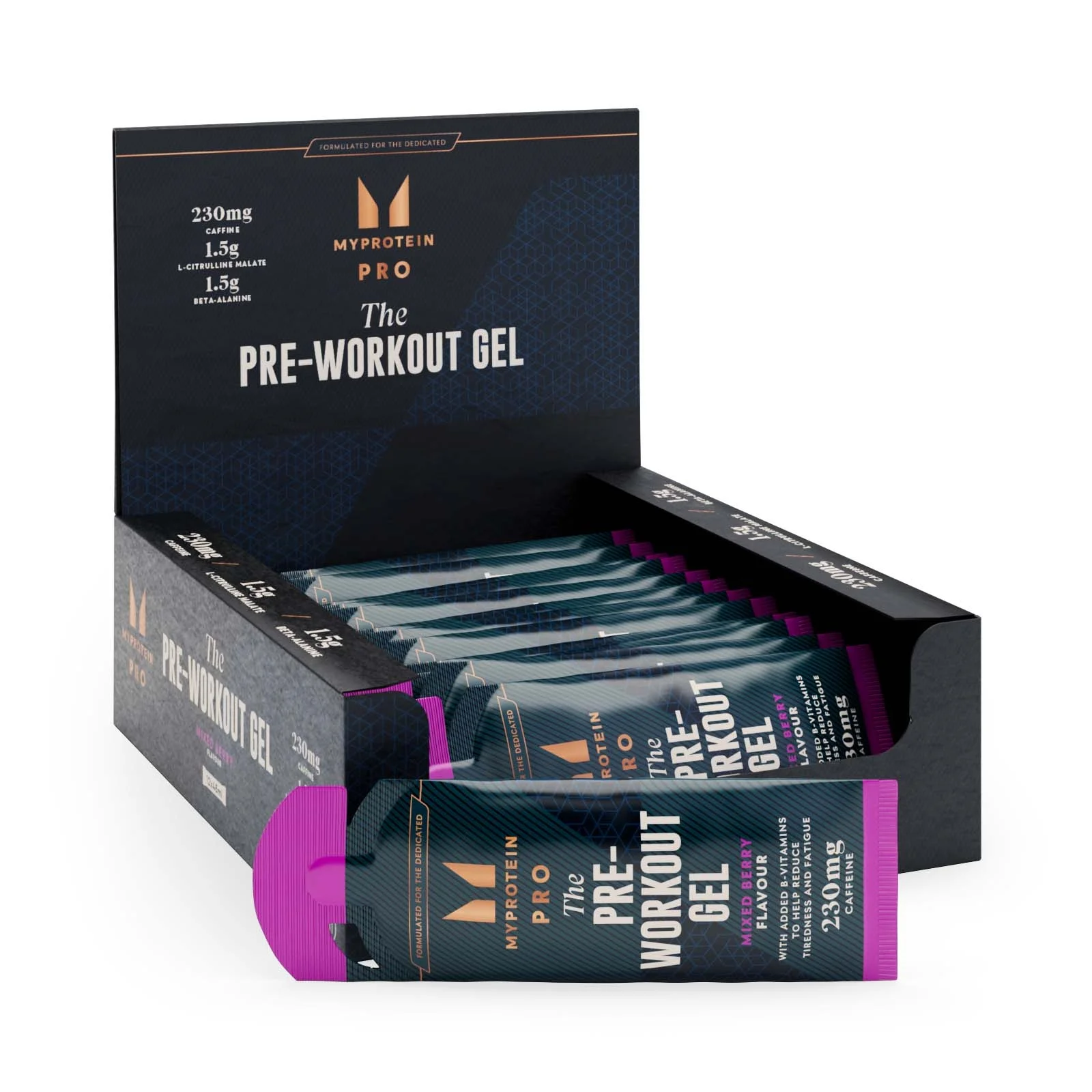 Een doos met twaalf individueel verpakte Myprotein pre-workout gels, met blauw-paarse verpakking.