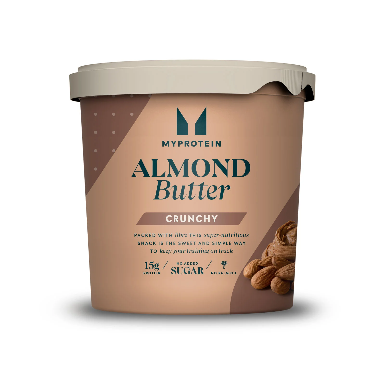 Een bruine plastic pot met een lichtbeige deksel, met daarop de tekst "Almond Butter.