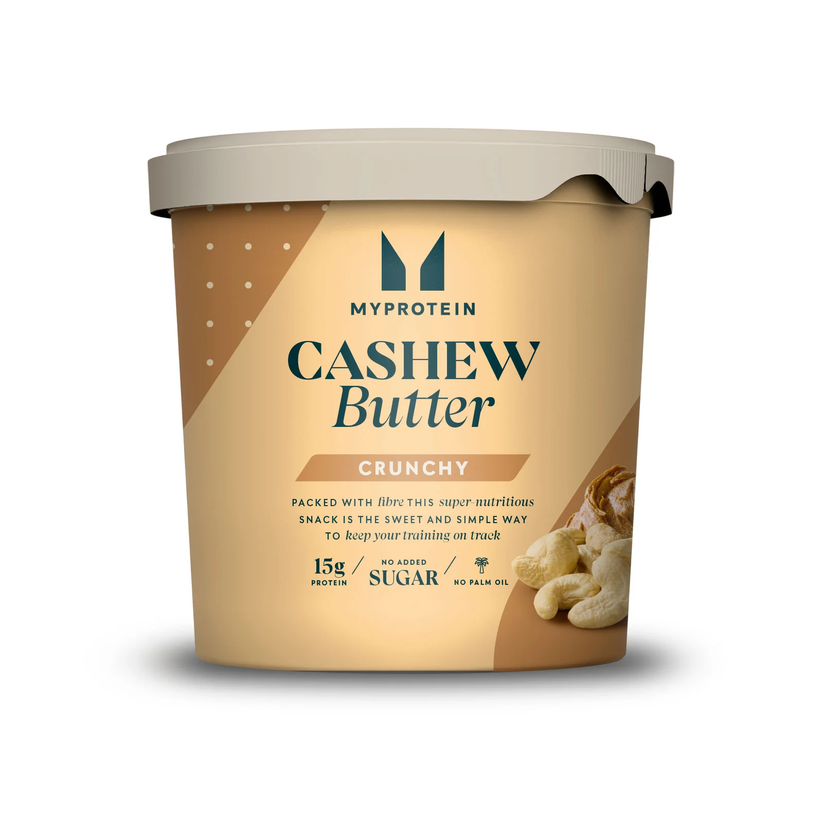 Een beige plastic kuipje met een lichtgrijze deksel, gevuld met Myprotein crunchy cashewboter.