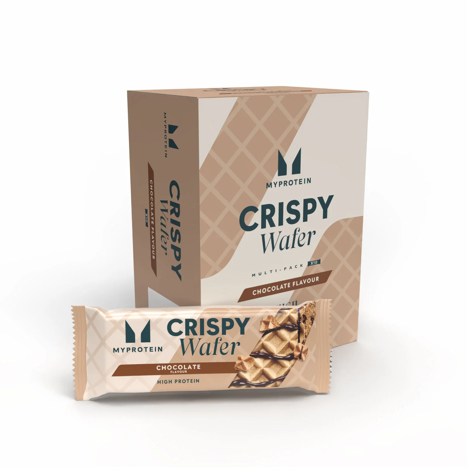 Een doos en een individuele verpakking van Myprotein chocolade wafels.
