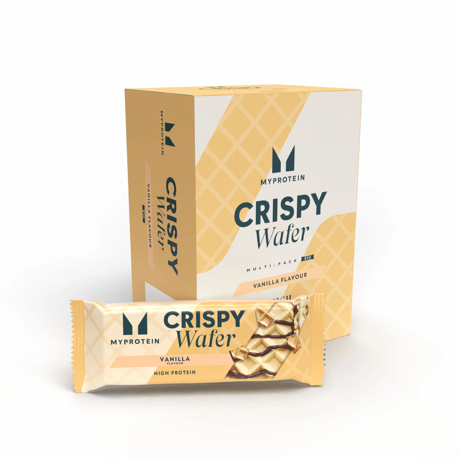 Een doos en een individuele verpakking van Myprotein vanille wafels.
