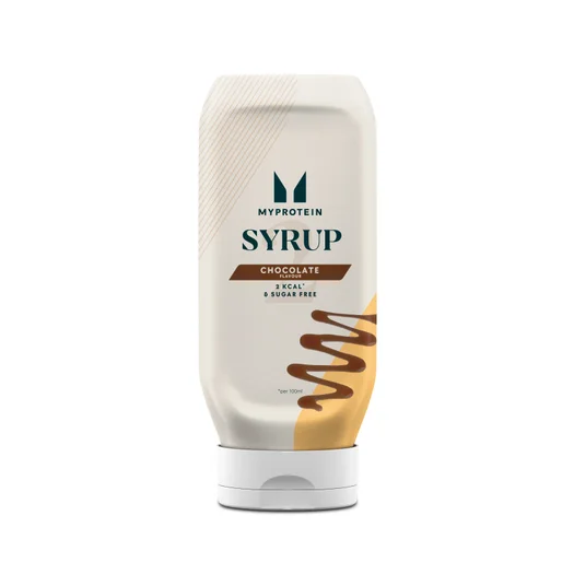 Een witte plastic fles Myprotein chocoladesiroop met een witte dop en bruine decoratie.