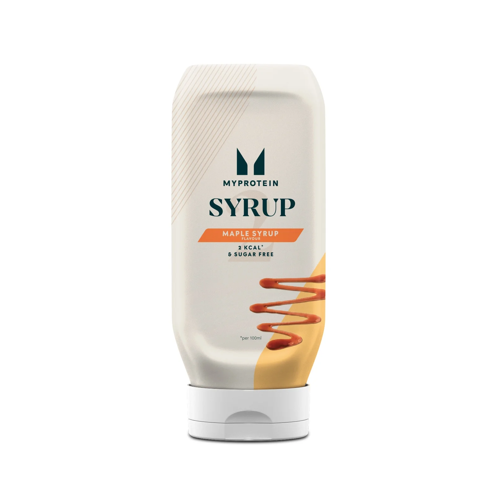 Een witte, plastic fles met een witte dop, met het etiket 'Myprotein Maple Syrup.