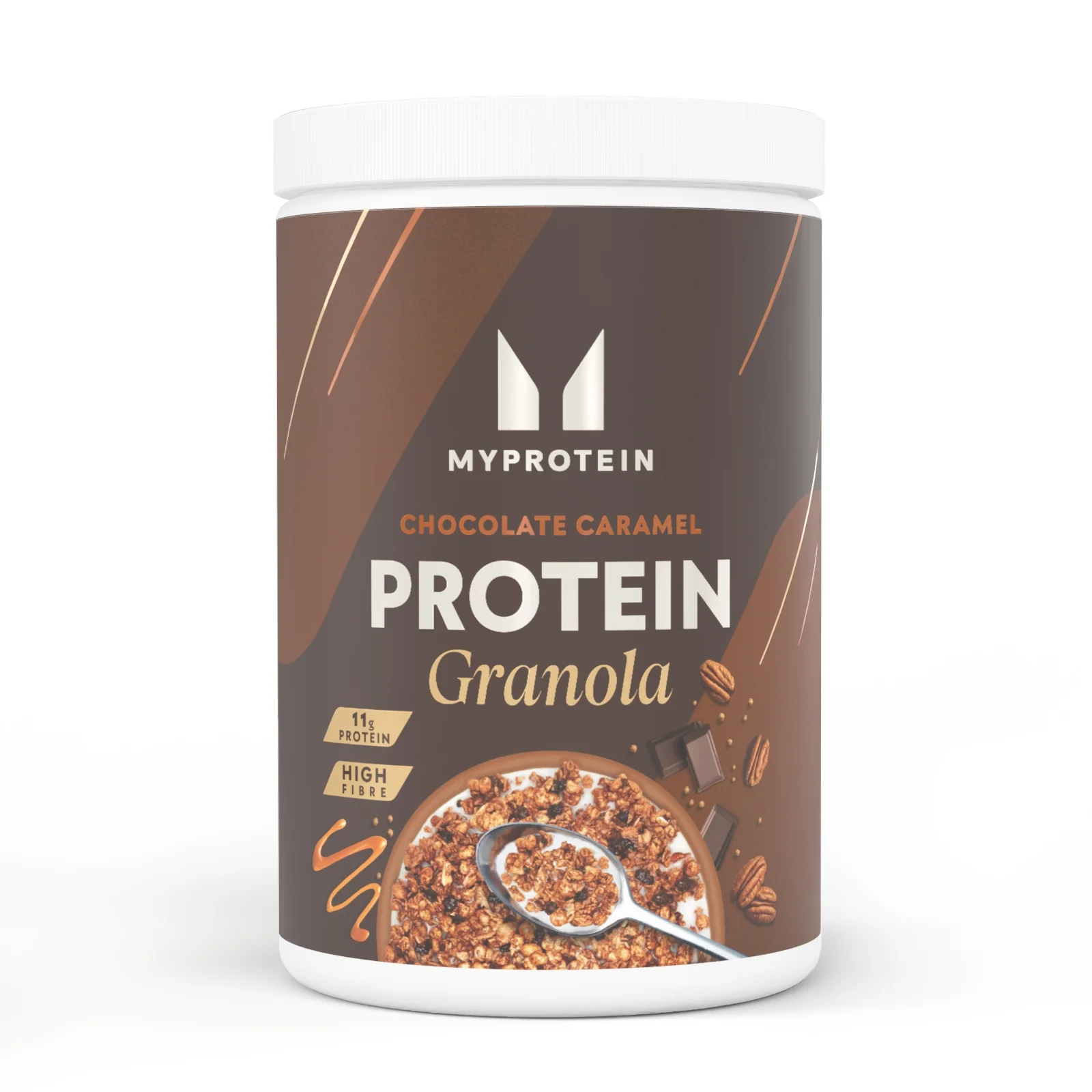 Een bruine pot met witte deksel, met daarop de tekst "Protein Granola" en een foto van granola.