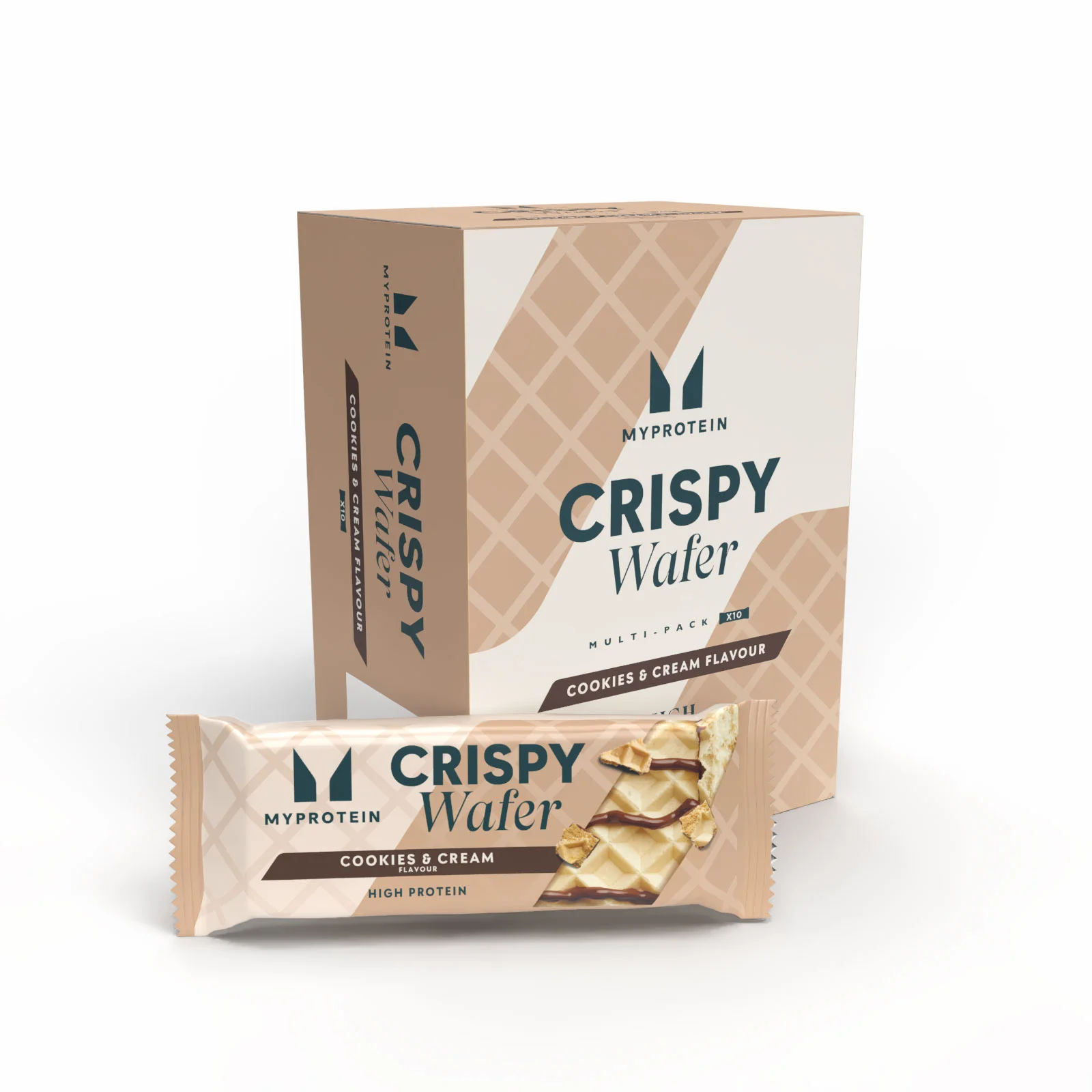 Een doos en een individuele verpakking van een Myprotein Crispy Wafer, cookies & cream smaak.