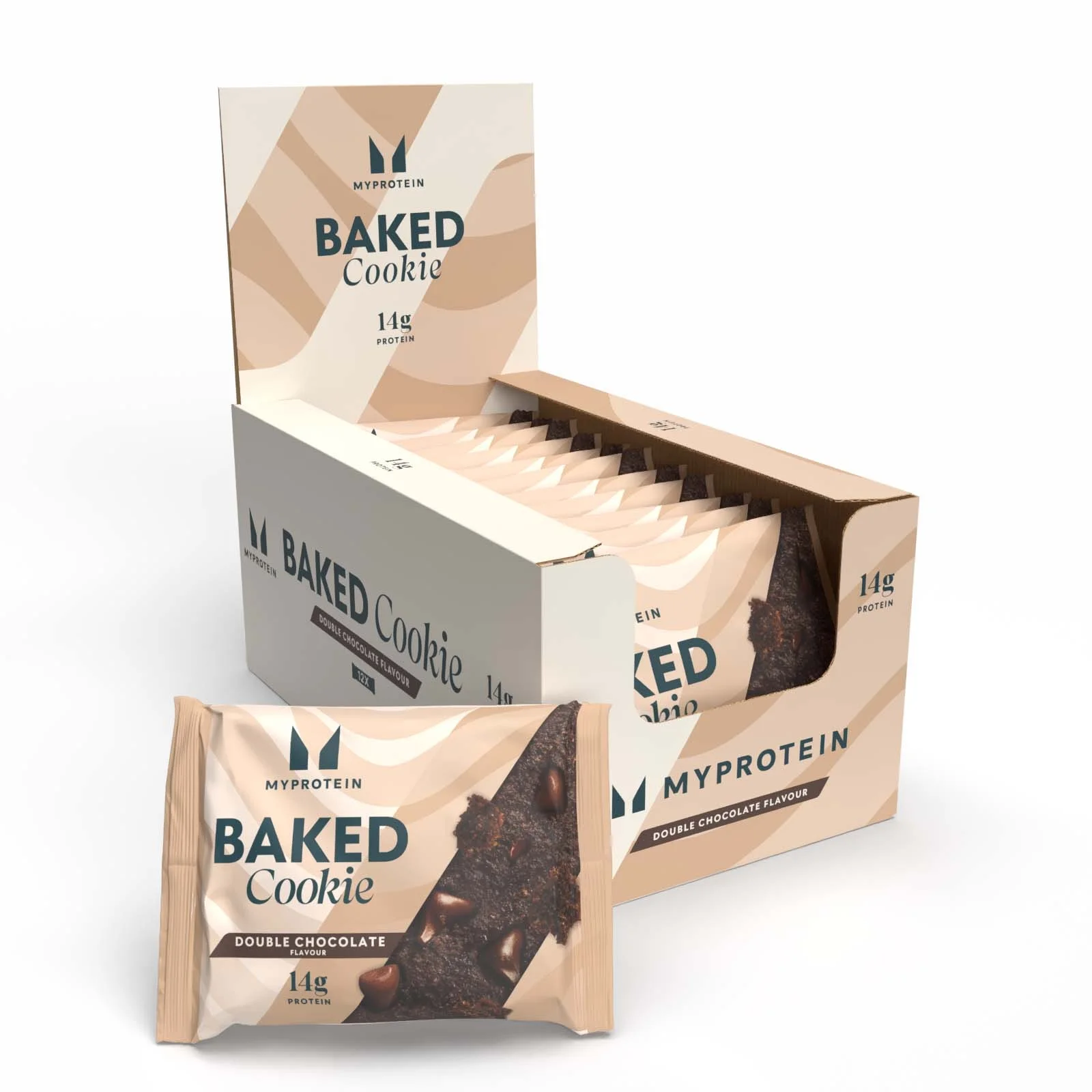Een doos met individueel verpakte chocoladekoeken van Myprotein, met een koek los voor de doos.