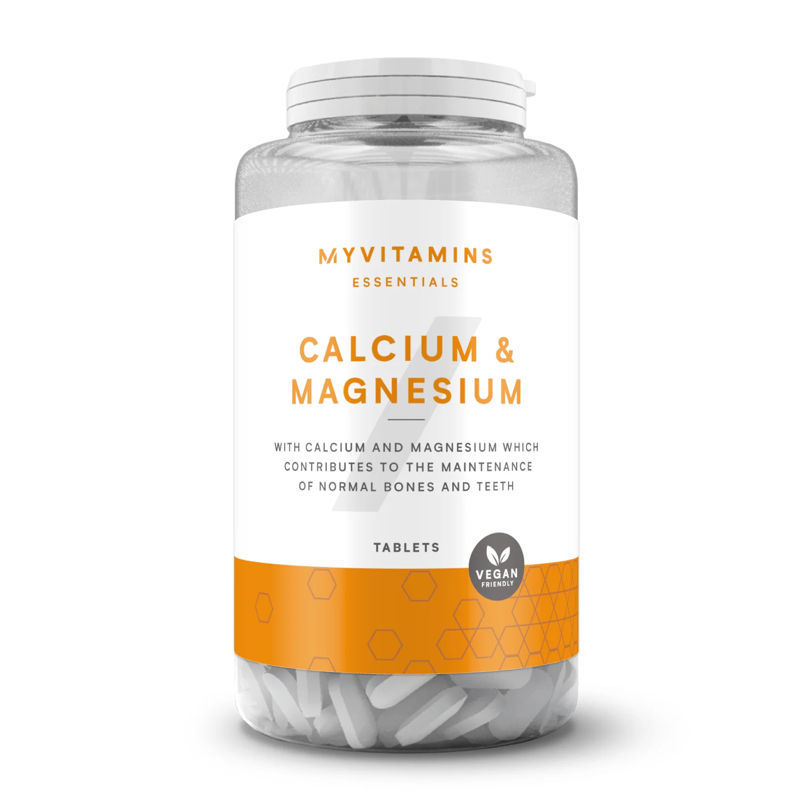 Transparante pot met witte tabletten, etiket met oranje accenten en de tekst "Calcium & Magnesium.