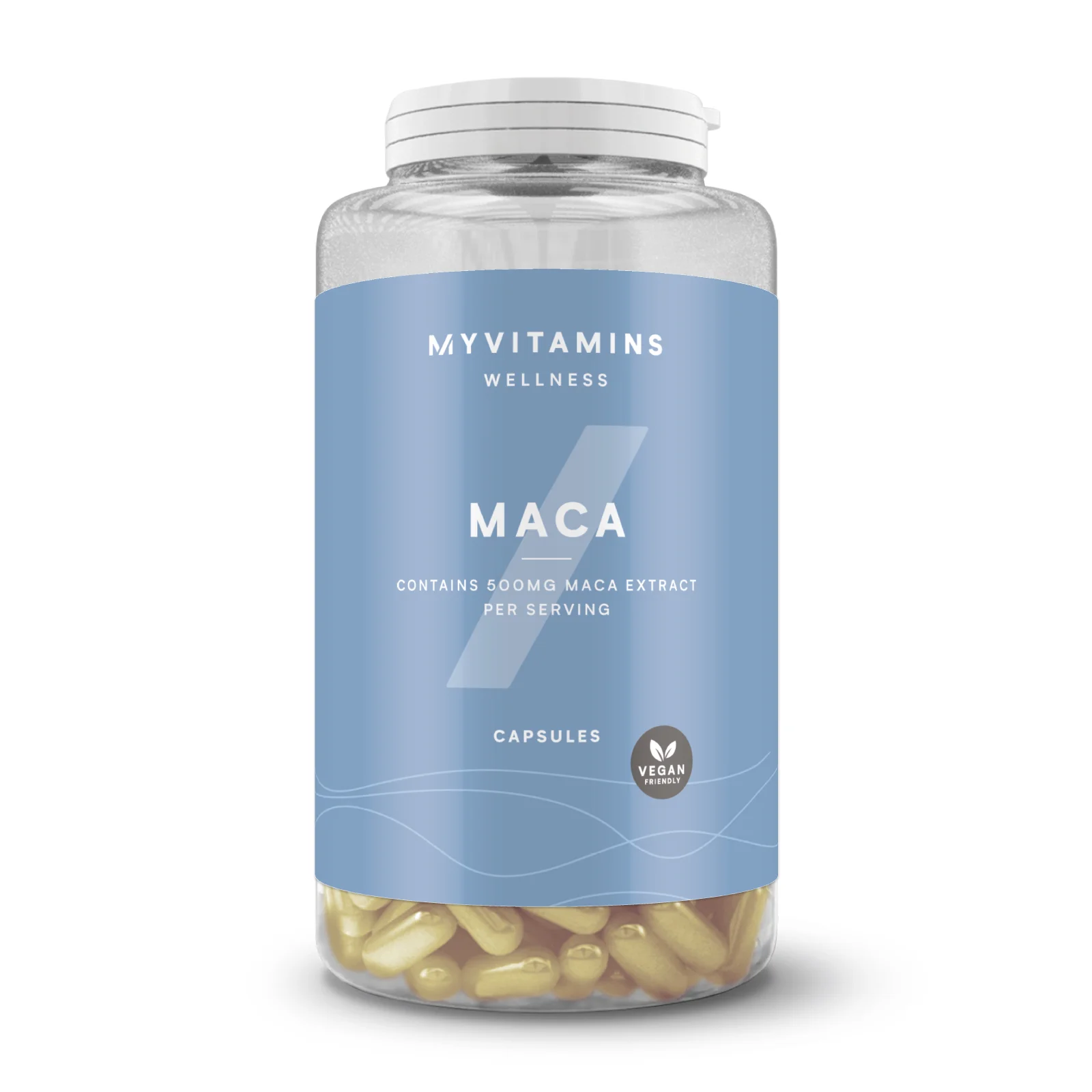 Doorzichtige pot met witte dop en blauw etiket, gevuld met goudkleurige capsules.