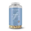 Doorzichtige pot met witte dop en blauw etiket, gevuld met goudkleurige capsules.