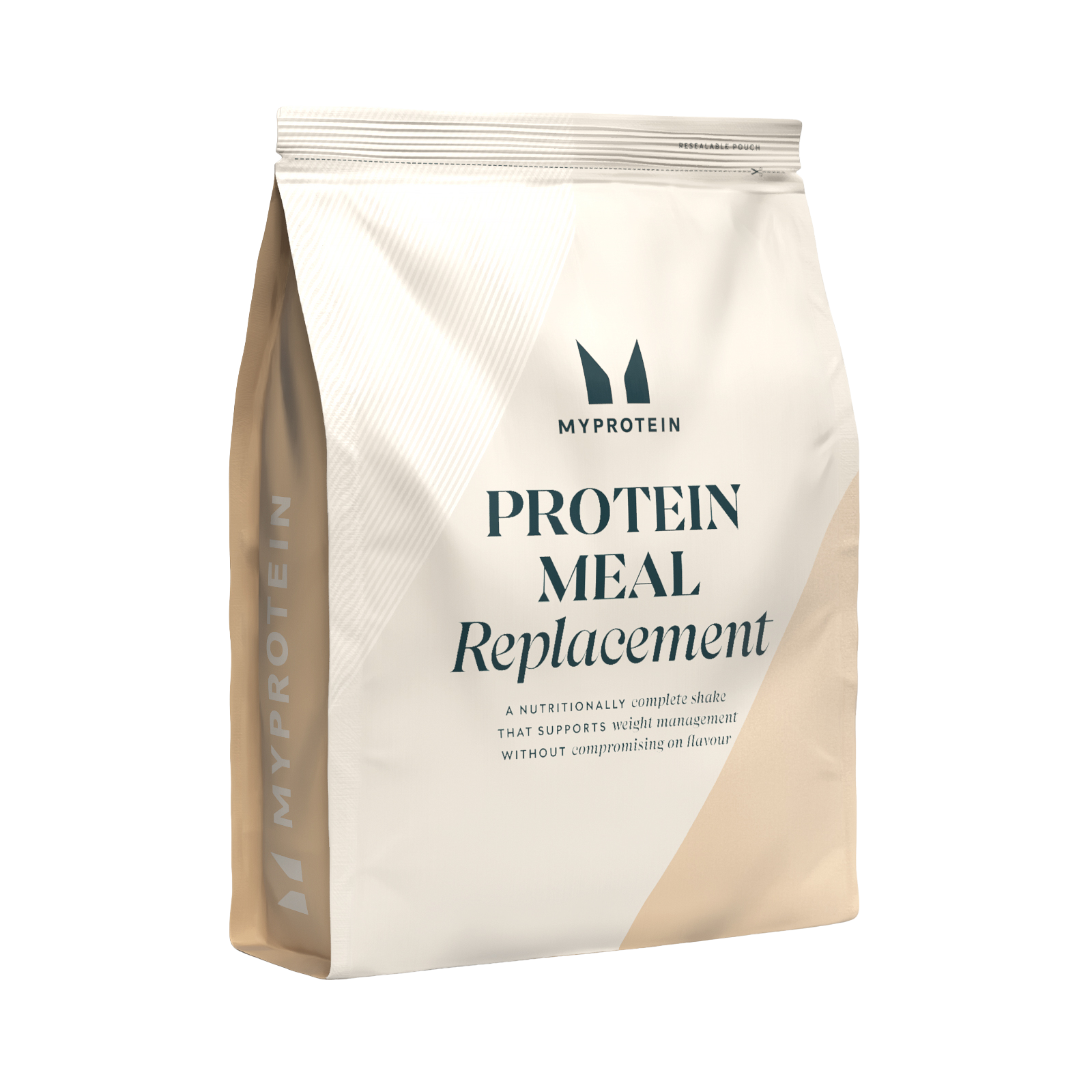 Een beige zak van Myprotein met de tekst "Protein Meal Replacement" erop.