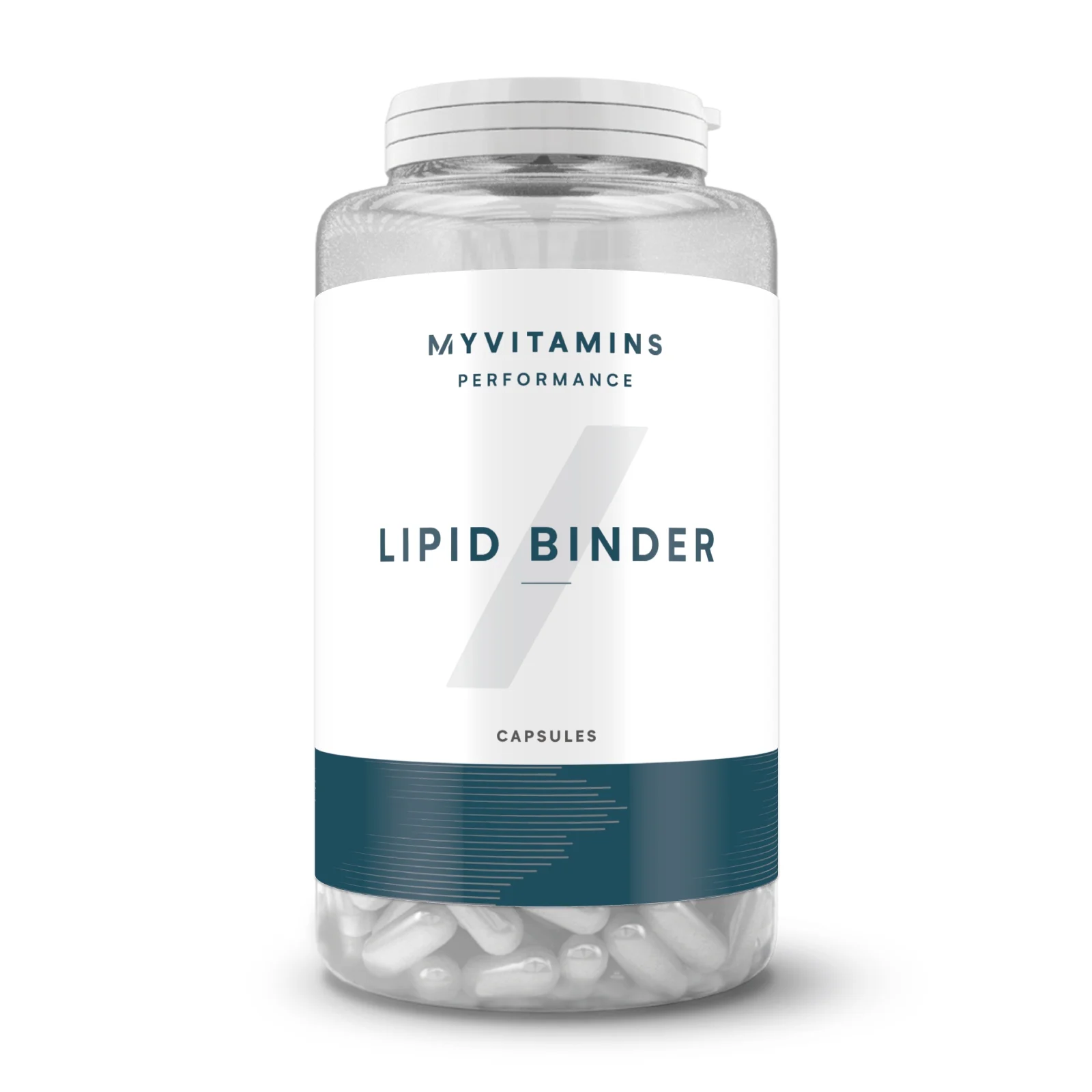 Transparante pot met witte capsules en een etiket met de tekst "Lipid Binder" van Myvitamins.