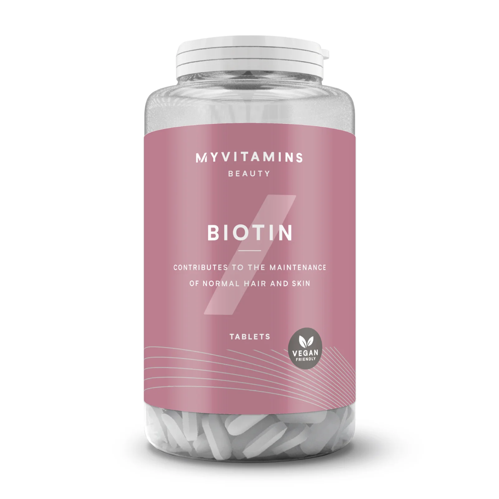 Een doorzichtige plastic pot met een roze etiket, gevuld met witte, ovale tabletten.