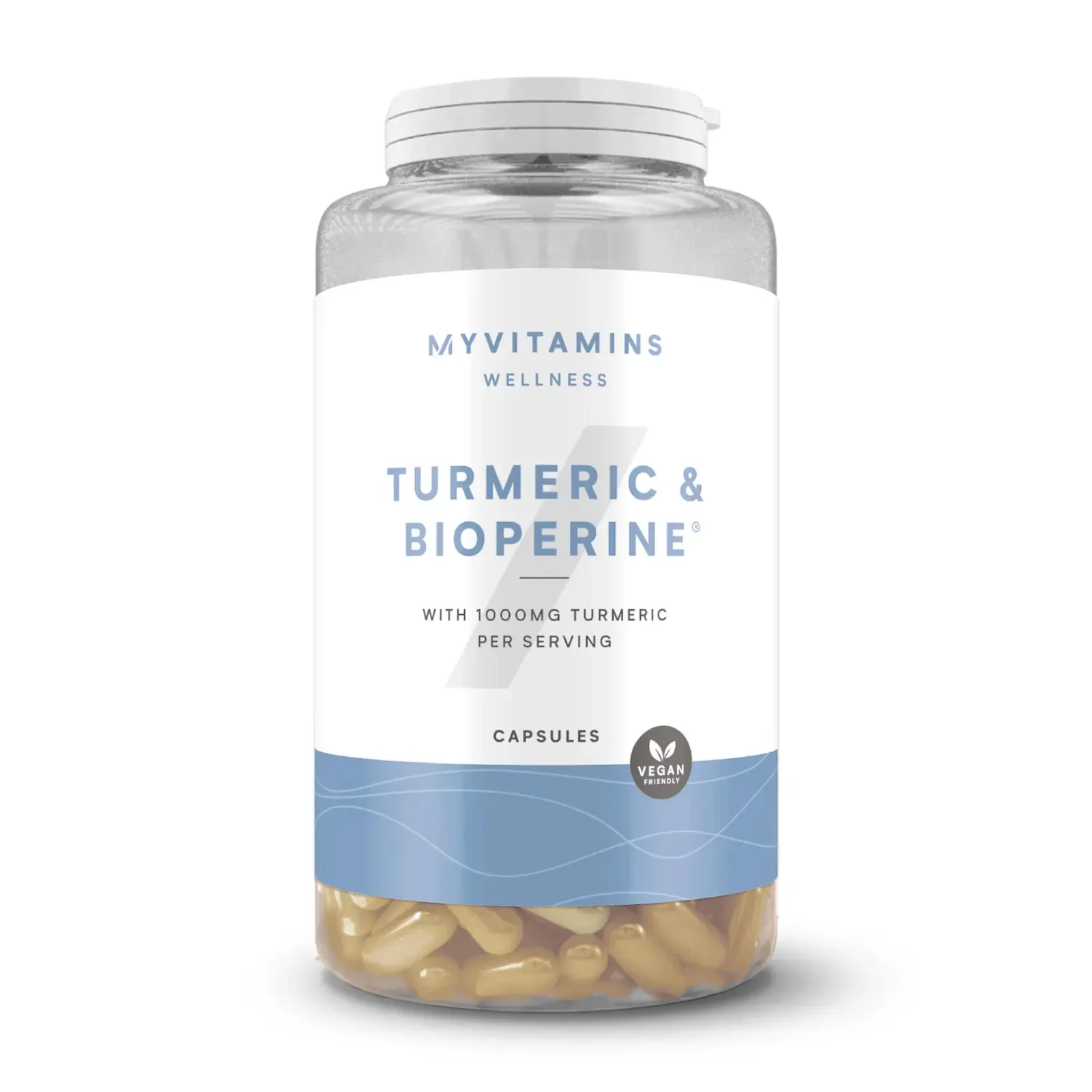 Een doorzichtige pot met een witte deksel, gevuld met geelkleurige capsules.