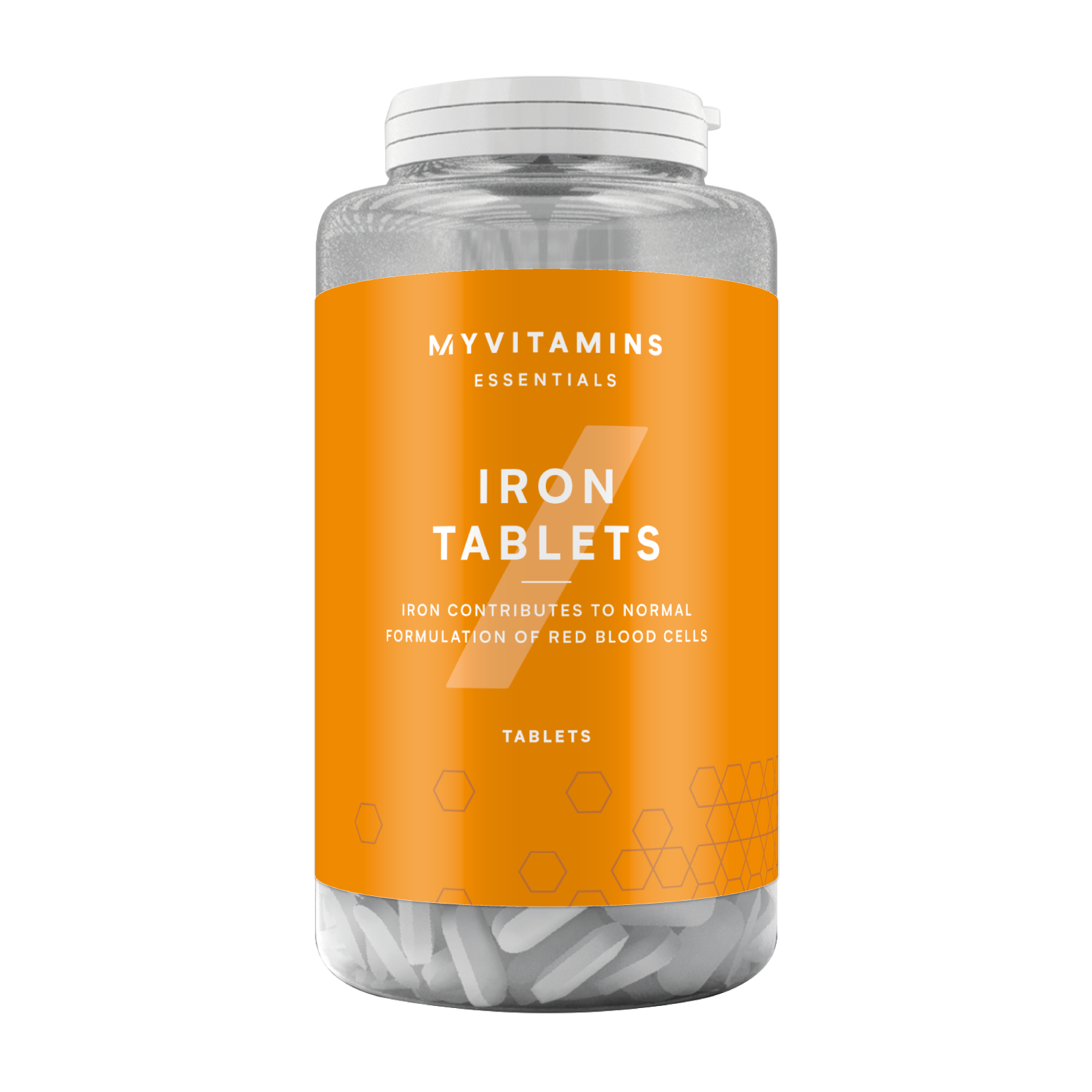 Een doorzichtige plastic pot met een oranje etiket, gevuld met witte tabletten en een witte deksel.