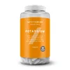 Een doorzichtige pot met een oranje etiket, gevuld met witte tabletten en een witte deksel.