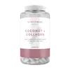 Transparante pot met witte capsules en een wit etiket met roze accenten.