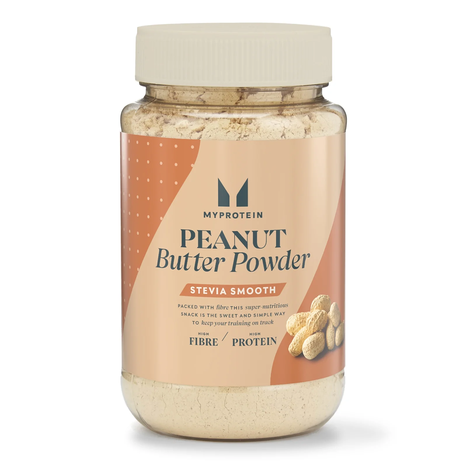 Pot met pindakaaspoeder van Myprotein, met een beige etiket en witte deksel.