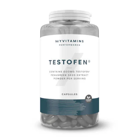 Een doorzichtige pot met witte deksel, gevuld met capsules en een wit etiket.